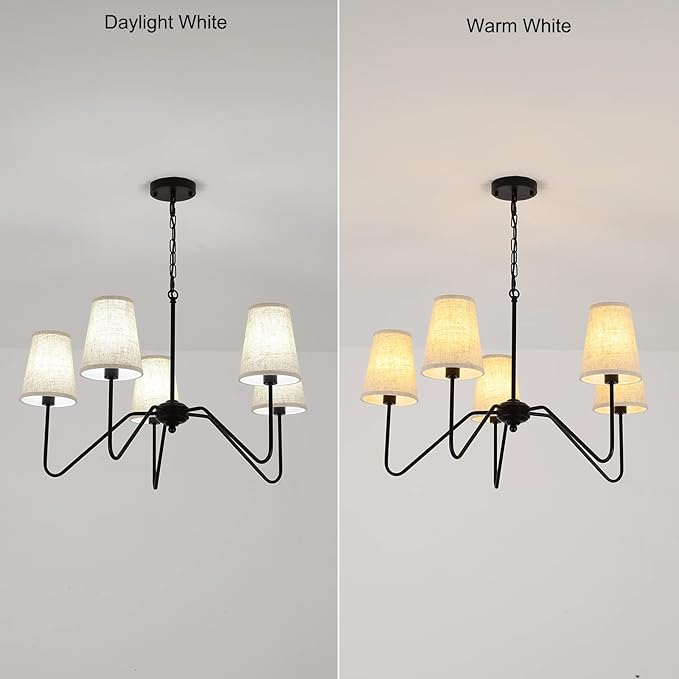 Chandelier with Linen Shade, Black Dining Room Light Fixtures Over Table, Classic Pendant Light Fixtures Ceiling Hanging Lighting for Living Room Bedroom, 5-Arm, 30" Dia