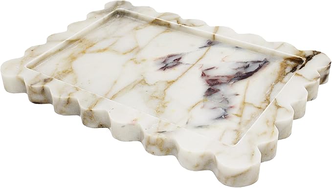Genuine Calacatta Viola Scalloped Marble Tray, Real Natural Marble Stone Tray, Luxury Decorative Trays for Bathroom, Dresser, Vanity, Kitchen, Home Decor, 10.6" x 8", Calacatta Gold