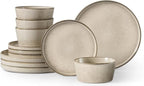 Herogo Stoneware Plates and Bowls Sets for 4, 12 Pieces Modern Dinnerware, Reactive Glaze Dishes Set for Kitchen, Chip Resistant, Microwave & Dishwasher Safe, Cream Khaki