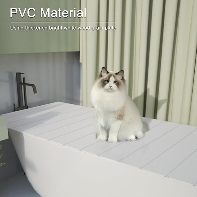 Bathtub Tray, Foldable Anti-dust Bathtub Cover Bath Insulation Cover, PVC Shutter Bath Lid Fit Most Tubs, Can Store Wine Glass, Books, Tablets, Cellphones (White, 150×70×0.6CM)