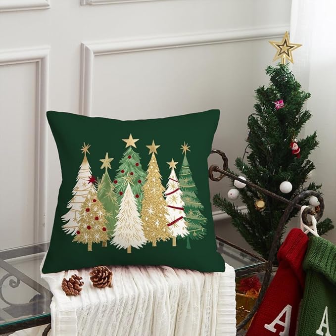AACORS Christmas Pillow Cover 20X20 Inch Watercolor Christmas Tree Stars Decoration Holiday Farmhouse Winter Pillow Case for Sofa Couch Decor（Green） AA366-20