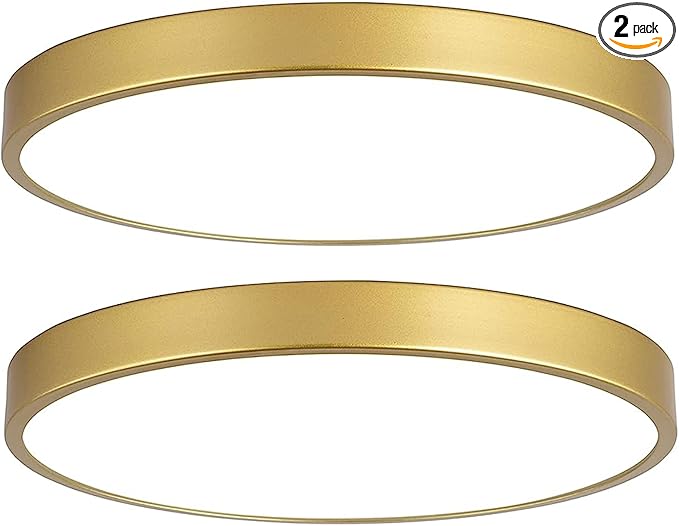 Gold Flush Mount Ceiling Light 2 Pack,9 inch Modern Metal Gold LED Ceiling Light Fixtures,Low Profile,3000K-5000K Round Flat Pane Ceiling Mount for Bedroom,Living Room,Hallway