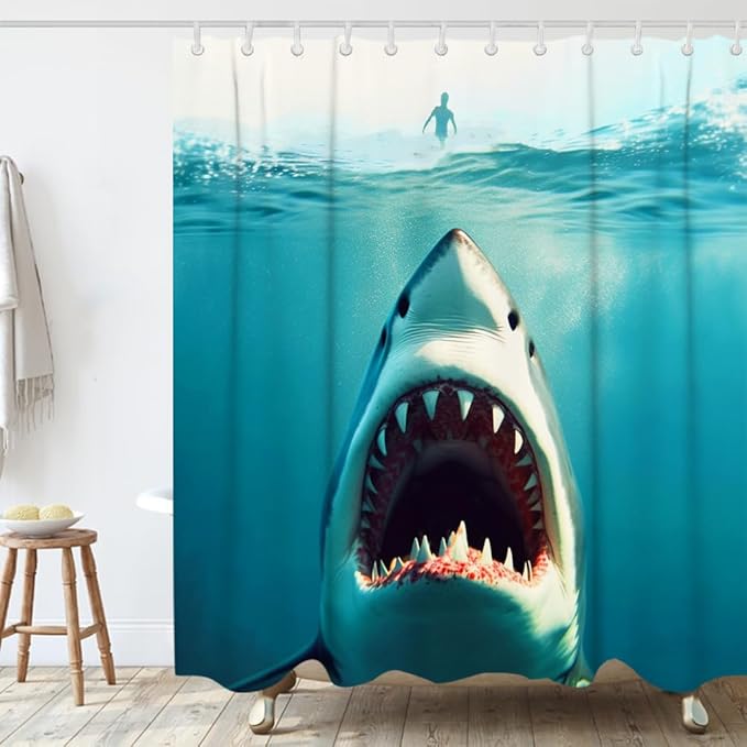 Funny Shark Beach Nautical Underwater Theme Bathroom Bathtubs Fabric Shower Curtain Ocean Animal Shower Curtain Set with 12 Hooks 72x72 inch Polyester Machine Washable, Blue and White