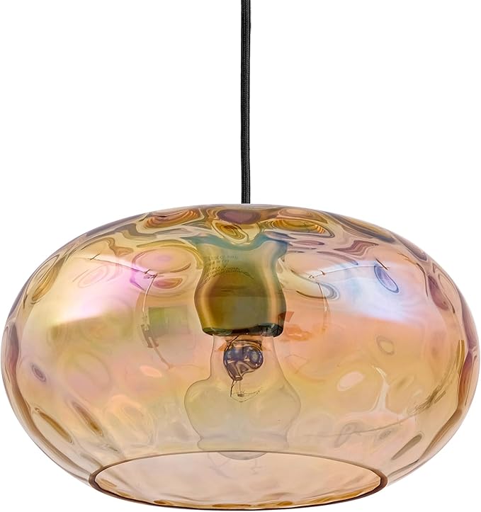 Amber Glass Pendant Lighting, 11" Hammered Lampshade Hanging Lamp, 1-Light Brass Gold Chandelier for Dining Living Room Kitchen Island