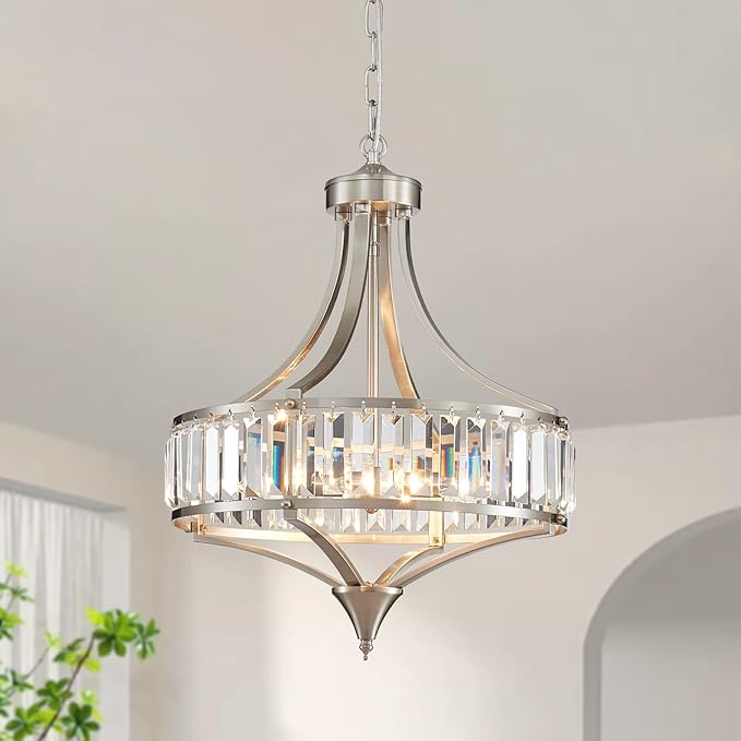 XINGQI Round Crystal Chandeliers for Dining Room Modern 4-Light Rustic Farmhouse Light Fixture Brushed Nickel Pendant Lighting for Living Room Kitchen Island Bedroom