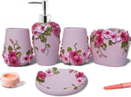 LUANT Pink 5 Pieces Bathroom Accessories Set, Bathroom Set Features, Soap Dispenser, Toothbrush Holder, Tumbler and Soap Dish - Girl Bathroom Gift Set with Blossom Flower