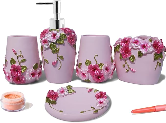 LUANT Pink 5 Pieces Bathroom Accessories Set, Bathroom Set Features, Soap Dispenser, Toothbrush Holder, Tumbler and Soap Dish - Girl Bathroom Gift Set with Blossom Flower