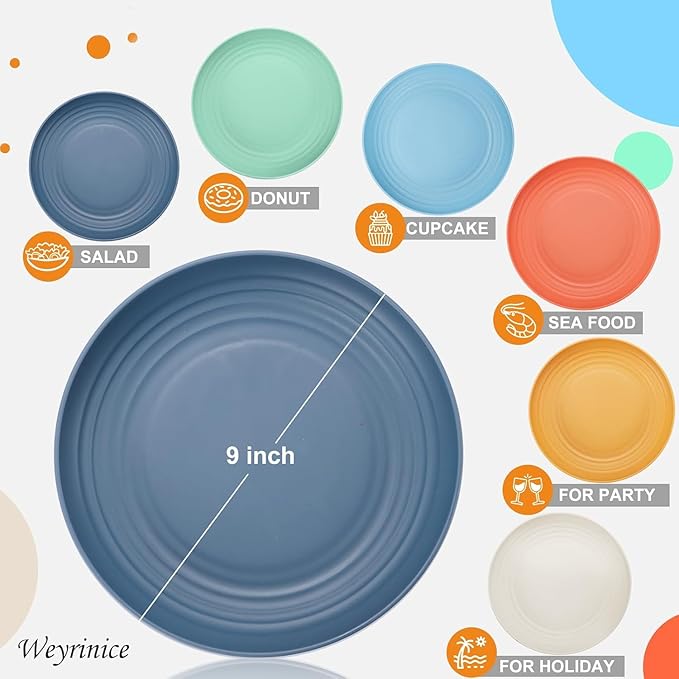 12PCS Unbreakable Dinner Plates, Dishwasher & Microwave Safe Plastic Plates Reusable, Lightweight Wheat Straw Plates for kitchen (Dopamine, 9 IN)