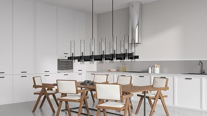 Black Linear Chandelier, 40 Inch 12-Lights Modern Kitchen Island Dining Room Over Table Light Fixture, Industrial Farmhouse Large Pendant Lighting with Glass Shade