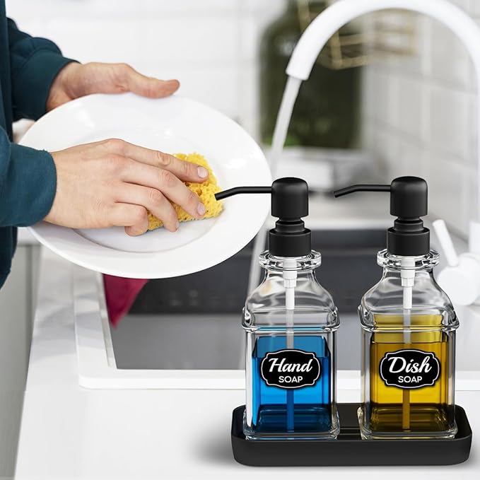 Soap Dispenser - 2 Pack, Antique Design Thick Glass Hand Soap Dispensers with Sturdy Tray; 304 Rust Proof Stainless Steel Black Pump, 12Pcs Stickers, for Kitchen, Bathroom