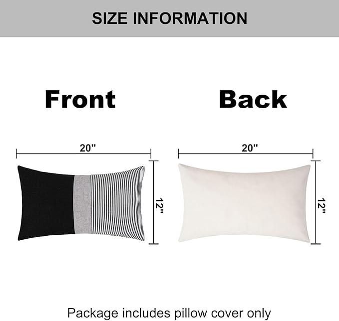 Adabana Stripe Pillow Covers 12x20 Set of 2 Square Patchwork Linen Decorative Lumbar Throw Pillow Covers Modern Farmhouse Decor Pollowcases for Couch Sofa Bedroom,Black Stripe