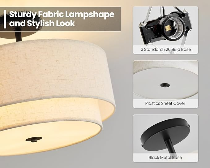 3 Light Double Drum Semi Flush Mount Ceiling Light, Close to Ceiling Light Fixture, 16 Inch with Fabric Linen Shade, Black Brass, for Living Room, Bedroom, Dining Room,Hallway and Entryway