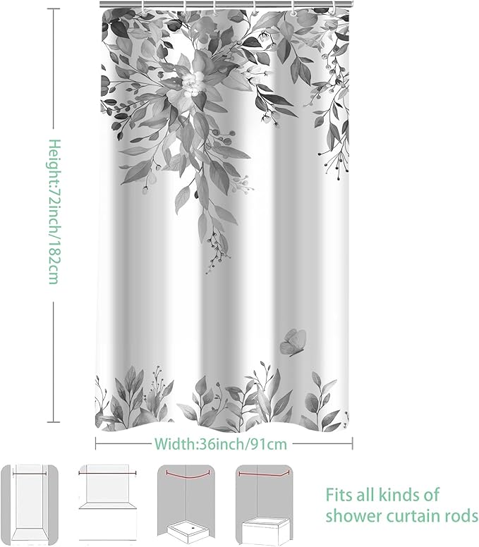 Eucalyptus Shower Curtain, Grey Watercolor Leaves with Floral Botanical Bathroom Decor, Waterproof Fabric Bath Curtain Set with Hooks, 36x72 Inches