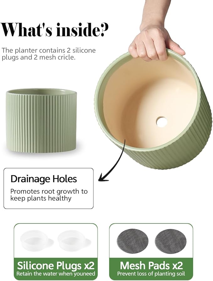 Ceramic Plant Pots, 8.1 + 6 Inch Planters for Indoor Plants, Modern Flower Pot for Plant with Drainage, Medium Cylinder Flower Pots for Indoor/Outdoor, House Plants, Matte Green