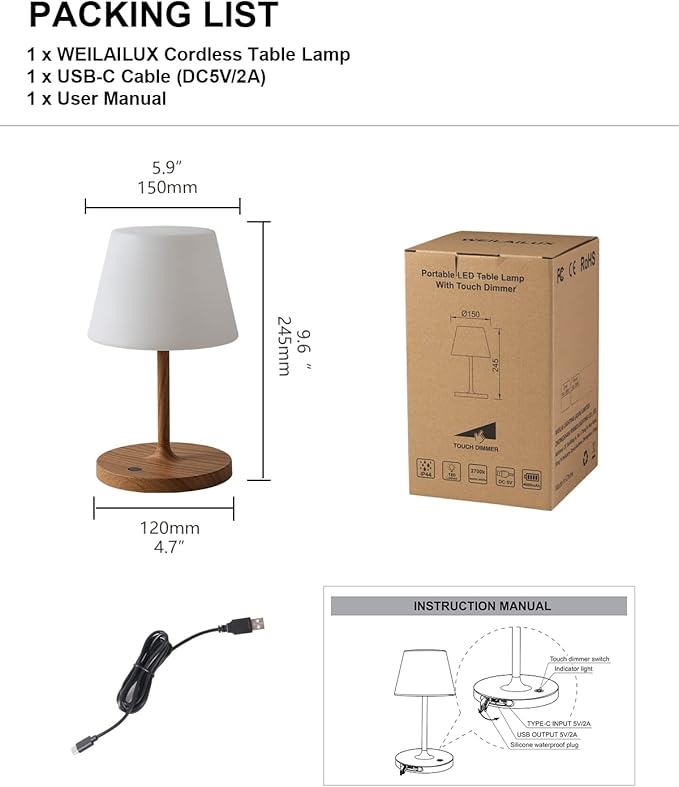 Outdoor Battery Operated Table Lamp Waterproof, 4000mAh Cordless Rechargeable, Touch Dimmable Desk Lamp, LED Night Light for Patio Camping Restaurant Home, H9.6in, Wood Grain