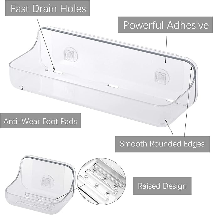TZAMLI Shower Caddy with Soap Dish, Adhesive Shower Organizer Shelf Plastic Wall Mounted No Drilling Shelves for Bathroom Kitchen Storage (Clear, 3 Pack)