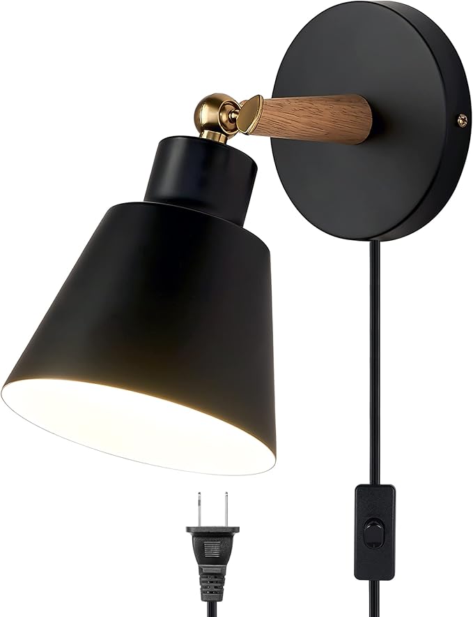ClanKin Plug in Wall Sconces Lighting Fixture, Black Nordic Wooden Bedside Wall lamp for Industrial Bedroom, Bathroom Sink Lighting for Bathroom Hallway Living Room(1Pack-Black with Plug in Swtich)