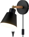 ClanKin Plug in Wall Sconces Lighting Fixture, Black Nordic Wooden Bedside Wall lamp for Industrial Bedroom, Bathroom Sink Lighting for Bathroom Hallway Living Room(1Pack-Black with Plug in Swtich)