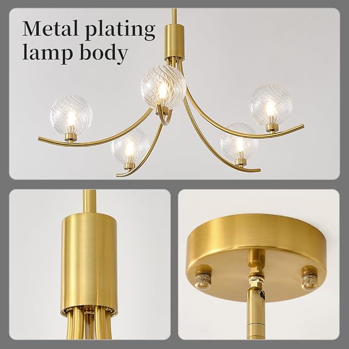 Gold Modern Chandelier with 5 Glass Globe Bulbs -Adjustable Height & Colour Temperature, Gilded lamp Post, Elegant Lighting for Living Room, Bedroom or Study