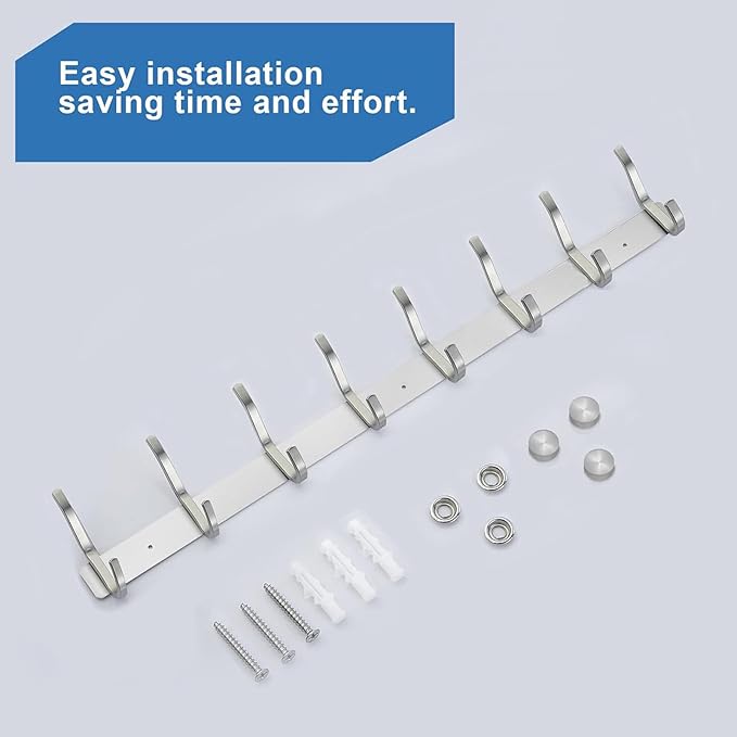 Wall Hooks Heavy Duty, 23 Inch Coat Rack Wall Mount with 8 Hooks, Silver Wall Hooks Hangers for Entryway, Bathroom - for Hanging Backpack, Bag, Coat, Purse, Hat, Towel, Clothes,2 Packs