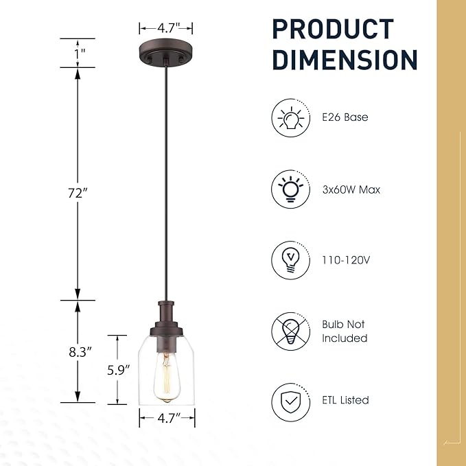 zeyu 1-Light Farmhouse Pendant Light, Modern Hanging Pendant Lighting with Clear Glass Shade, Oil Rubbed Bronze Finish, ZG33M1L ORB