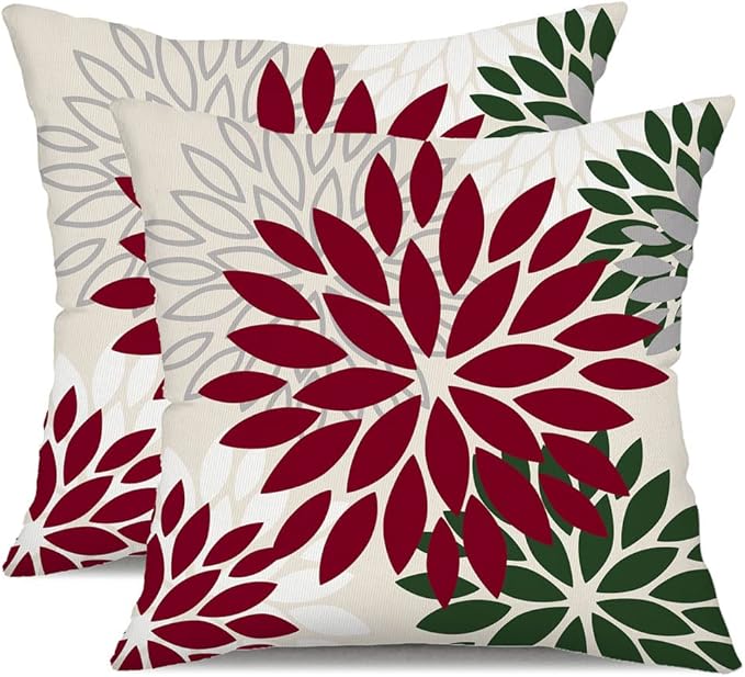 DFXSZ Wine red Dark Green Flower Pillow Covers 16x16 Inch Set of 2 Outdoor Throw Pillows Outdoor Waterproof Decor for Living Room Sofa Patio Funiture Garden Floral Polyester Pillow Covers 002W16