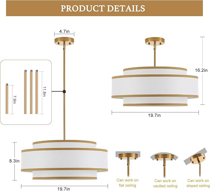 19.7" Gold Drum Chandelier with White Linen Lampshade 4-Light Modern Farmhouse Chandelier Light Fixture for Dining Room, Kitchen Island, Foyer Entryway Bedroom