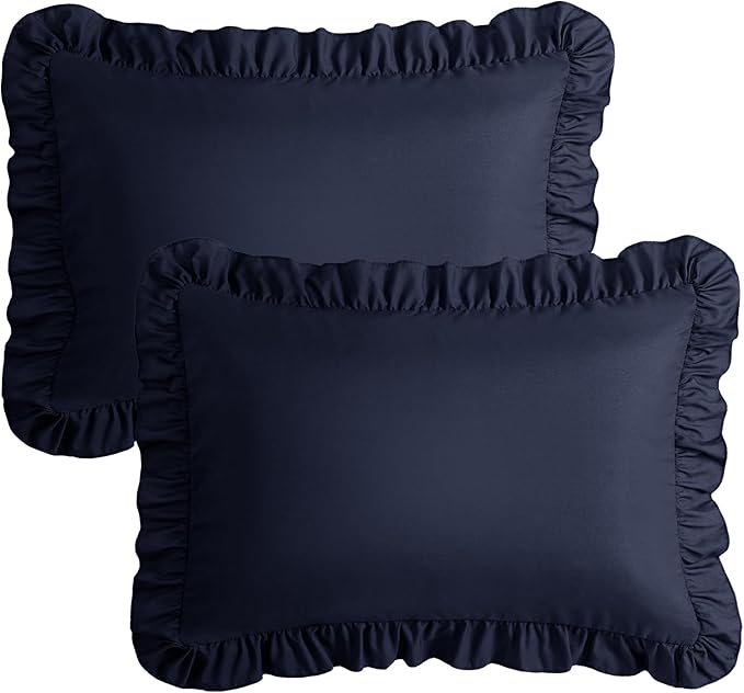KKJIAF Ruffle Pillow Cases Standard Size Set of 2, Ruffled Pillow Covers with Envelope Closure, Wrinkle Resistant Ruffled Pillow Shams 20" x 26", Navy Blue