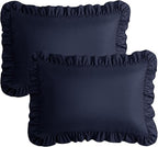 KKJIAF Ruffle Pillow Cases Queen Size Set of 2, Ruffled Pillow Covers with Envelope Closure, Wrinkle Resistant Ruffled Pillow Shams 20" x 30", Navy Blue