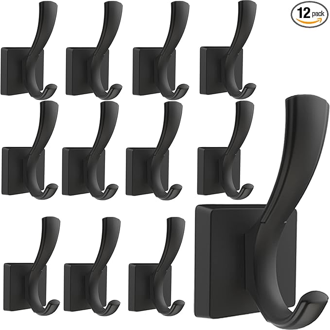 Black Coat Hooks for Wall Hanging, Bath Robe Hook Heavy Duty Thick Towel Hooks, Wall Mount Hooks Bathroom Entryway Mudroom Hooks for Hanging Coats Key Robe Hat Backpack (12 Pack, Black)