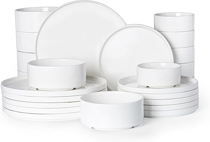 Porcelain Dinnerware Sets for 6, 24pcs High-sided Plates and Bowls Set, White Chip and Scratch Resistant Dinner Set - Dishwasher & Microwave Safe Dinging Dishes Set, QOMO-1996