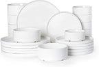 Porcelain Dinnerware Sets for 6, 24pcs High-sided Plates and Bowls Set, White Chip and Scratch Resistant Dinner Set - Dishwasher & Microwave Safe Dinging Dishes Set, QOMO-1996
