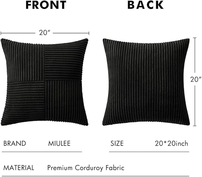 MIULEE Black Corduroy Pillow Covers Pack of 2 Boho Decorative Spliced Throw Pillow Covers Soft Couch Pillowcases Cross Patchwork Textured Cushion Covers for Living Room Bed Sofa 20x20 inch