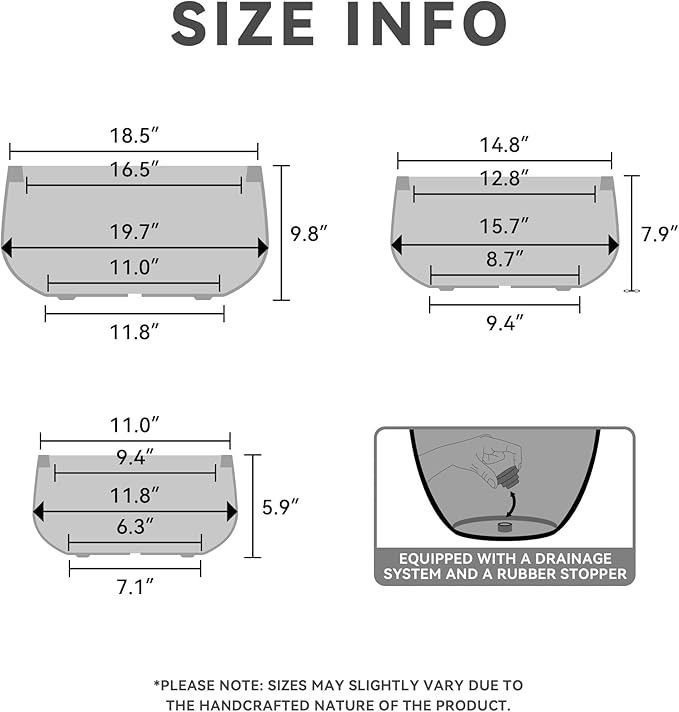 Kante 19.6",15.7",11.8" Dia Round Concrete Planters Set of 3, Cement Plant Pots with Drainage Hole and Rubber Plug for Outdoor Indoor Garden Home, Modern Curvaceous Design, Gray