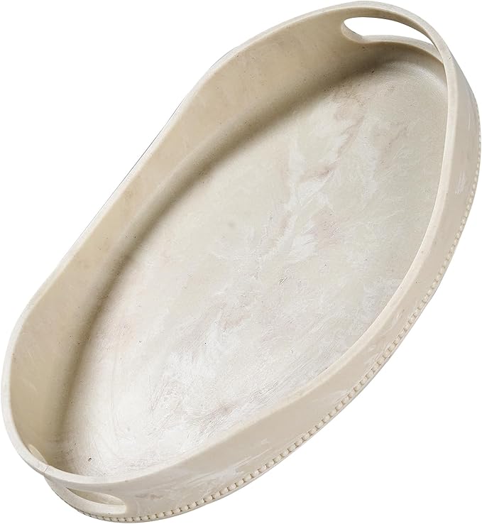 Beige Travertine Marble Serving Tray with Handles - 14x10 inches, Beaded Oval Decorative Tray, Countertop Ottoman Tray for Vanity, Living Room Entryway Table, Perfume Candle Display