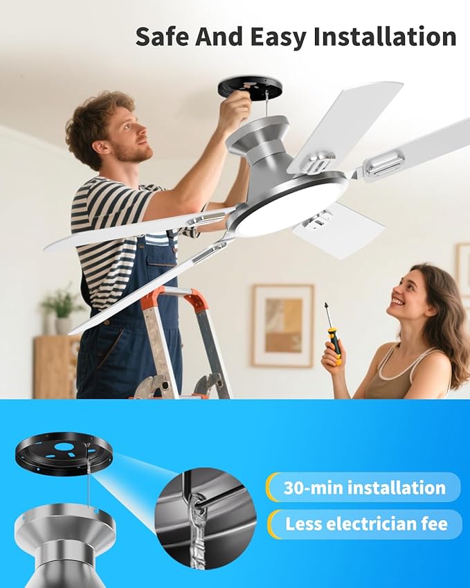 TCL 52" Low Profile Ceiling Fan with Light, Slim, Silver, Flush Mount, DC Reversible Motor, 6 Speeds, Remote Control, Noiseless, Dimmable, LED Light, 3CCT, Modern Ceiling Fan for Bedroom Living Room