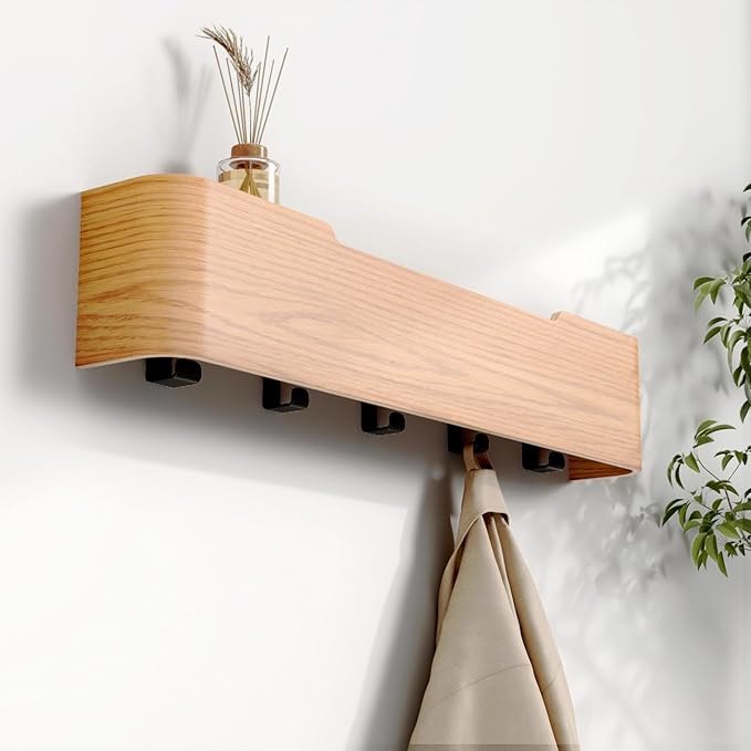 Coat Hooks Wall Mount with Shelf, 4 Hidden Hooks, 16.5 Inch Entryway Organizer for Coats, Hats, Bags, Keys, Decorative Wall Hooks (Beige, 4 Hooks)