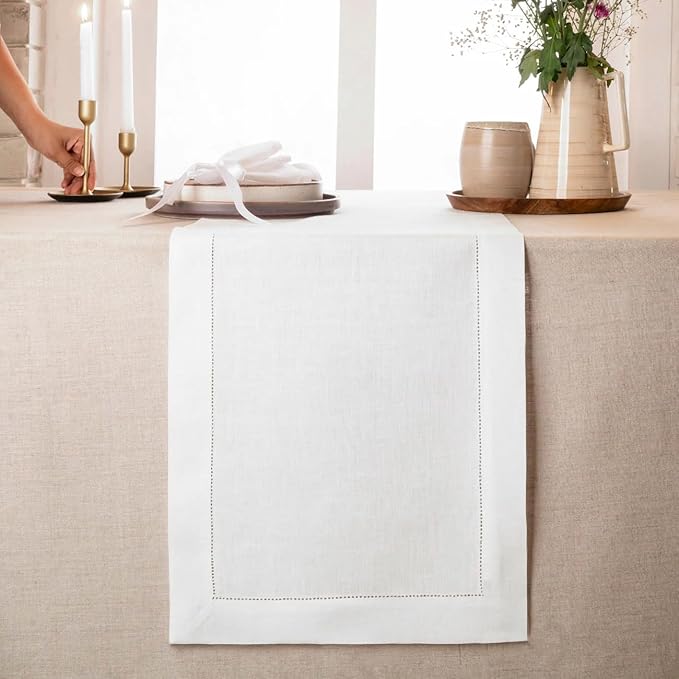 D'Moksha Homes Linen White Table Runner 48 Inches - Classic Hemstitch, 100% Pure Linen Coffee Table Runner 14 x 48 Inch Ideal for Dresser Tables - Fall, Autumn and Halloween