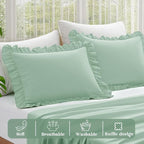 KKJIAF Ruffle Pillow Cases Standard Size Set of 2, Ruffled Pillow Covers with Envelope Closure, Wrinkle Resistant Pillowcases 20" x 26", Ruffled Pillow Shams, Sage Green
