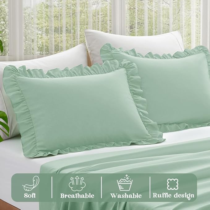 KKJIAF Ruffle Pillow Cases Standard Size Set of 2, Ruffled Pillow Covers with Envelope Closure, Wrinkle Resistant Pillowcases 20" x 26", Ruffled Pillow Shams, Sage Green