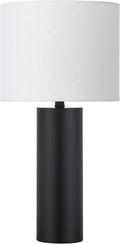 Henn&Hart 16'' Mid-Century Modern 1-Light Table Lamp with White Fabric Drum Shade for Living Room, Bedroom, or Office, Blackened Bronze