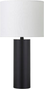 Henn&Hart 16'' Mid-Century Modern 1-Light Table Lamp with White Fabric Drum Shade for Living Room, Bedroom, or Office, Blackened Bronze