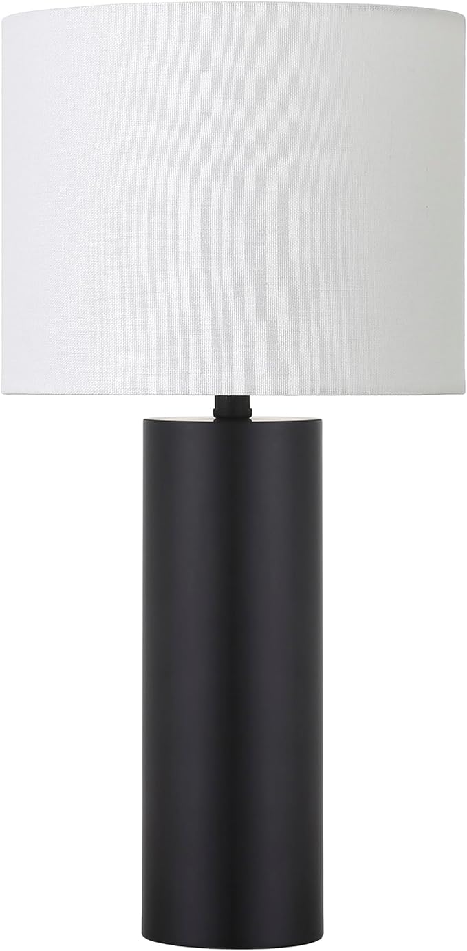 Henn&Hart 16'' Mid-Century Modern 1-Light Table Lamp with White Fabric Drum Shade for Living Room, Bedroom, or Office, Blackened Bronze