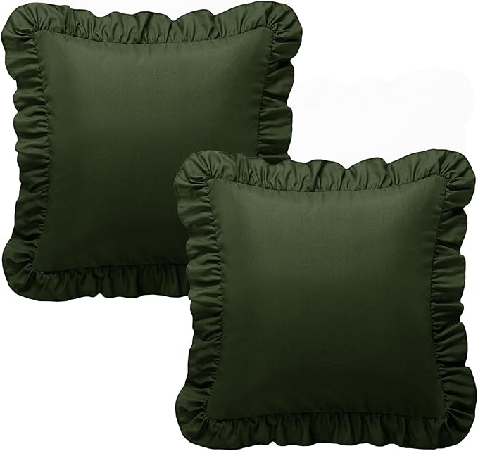KKJIAF Ruffle Pillow Cases 18x18 Inches, Olive Green Square Ruffled Pillow Covers Set of 2, Microfiber Wrinkle Resistant Pillow Shams with Envelope Closure for Sofa Bed Living Room