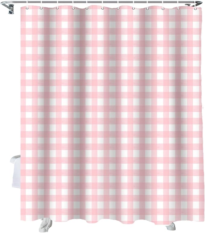 Christmas Shower Curtain, Rustic Pink White Buffalo Check Plaid Pattern Shower Curtains Set with Hooks, Farmhouse Waterproof Fabric Bathroom Curtains Decor Home Accessories,72 X 78 Inch Long