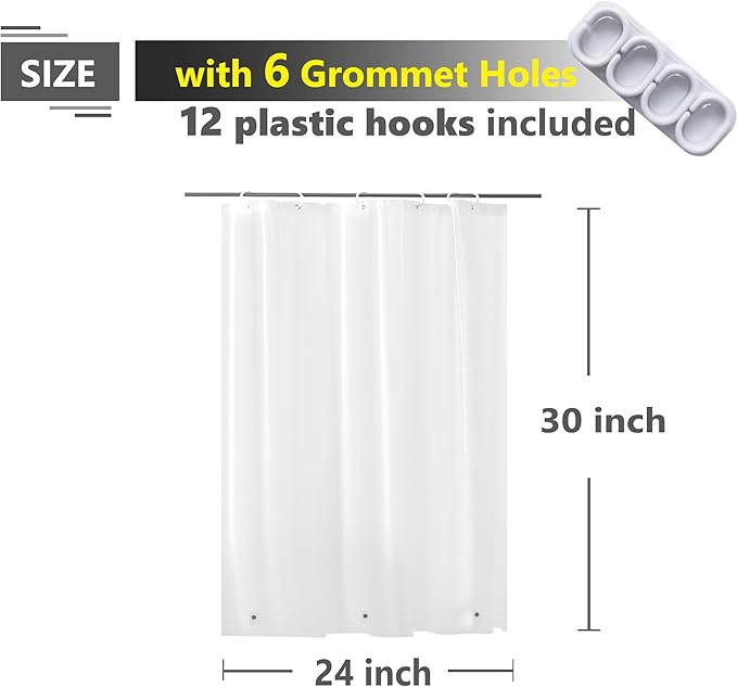 Waterproof Shower Curtain for Window Inside Shower, 24 x 30 Inches Short Length Plastic Bathroom Window Curtain Heavy Duty Vinyl with Hooks, Silky Frost, 24x30