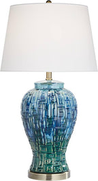 Possini Euro Design Asian Modern Table Lamp 27" Tall Teal Glaze Textured Ceramic Temple Jar White Tapered Drum Shade for Bedroom Living Room House Home Bedside Nightstand Office Entryway Family