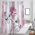 Rustic Farmhouse Shower Curtain, Farm Pink Daisy Floral Flowers and Butterfly on Country Wooden Shower Curtain for Bathroom, Pink Grey Bathroom Shower Curtains with 8PCS Hooks, 47X64IN