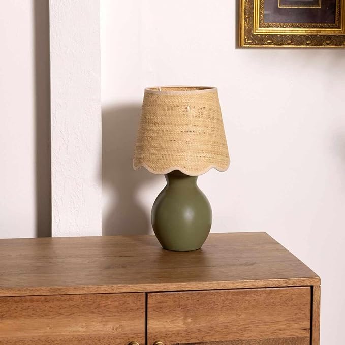 BoutiqueRugs Liliac Boho Ceramic and Jute Bedside Table Lamp for Bedroom Nightstand - End Side Lighting for Living Room - Shade Rattan - Green, Olive, Beige - 15" H
