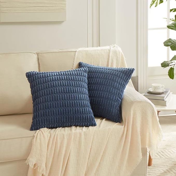 Fancy Homi Dusty Blue Lumbar Decorative Throw Pillow Covers 12x24 Inch for Living Room Couch Bed Sofa, Rustic Farmhouse Boho Home Decor, Soft Striped Corduroy Rectangle Cushion Case 30x60 cm